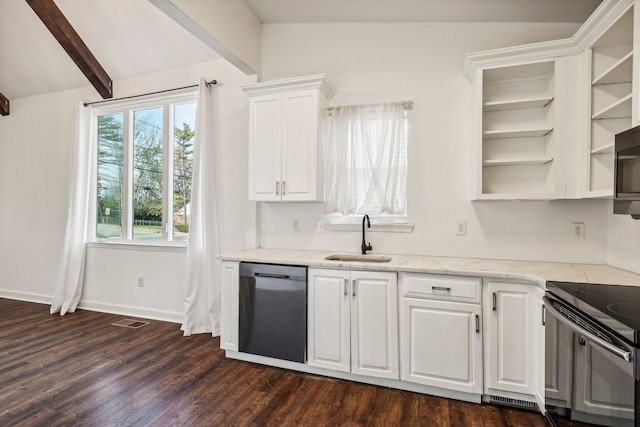 kitchen with sink, dark hardwood / wood-style flooring, lofted ceiling with beams, white cabinets, and appliances with stainless steel finishes