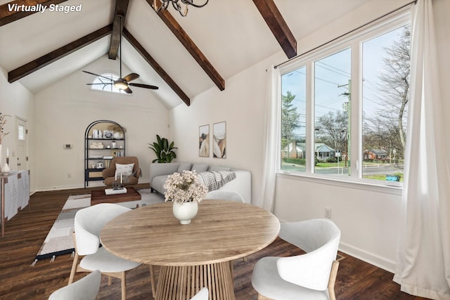 dining area featuring ceiling fan, beam ceiling, dark wood-type flooring, and high vaulted ceiling