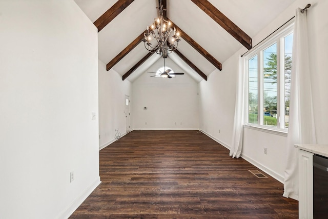 unfurnished living room with beamed ceiling, dark wood-type flooring, ceiling fan with notable chandelier, and high vaulted ceiling