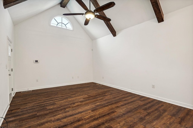 empty room with lofted ceiling with beams, ceiling fan, and dark wood-type flooring