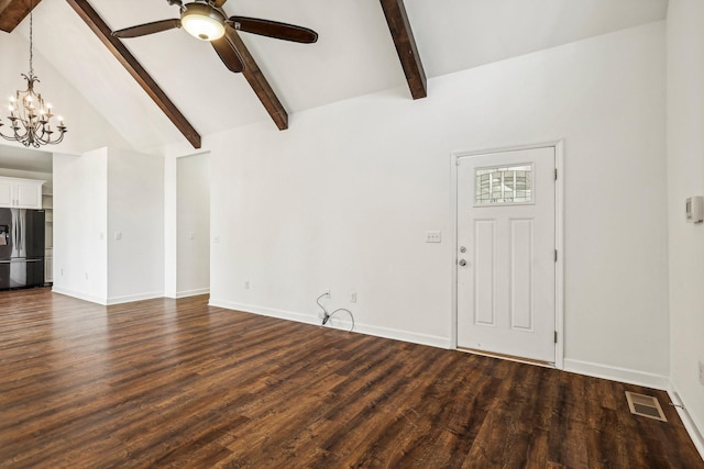 unfurnished living room with beam ceiling, ceiling fan with notable chandelier, dark hardwood / wood-style floors, and high vaulted ceiling