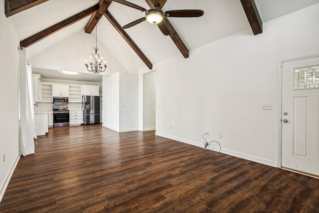 unfurnished living room with beamed ceiling, ceiling fan with notable chandelier, dark wood-type flooring, and high vaulted ceiling