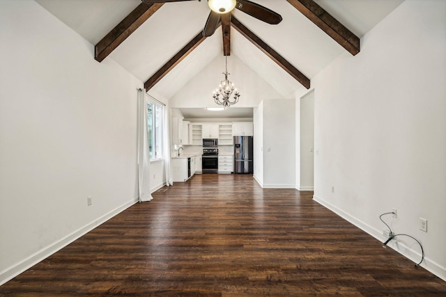 unfurnished living room featuring lofted ceiling with beams, sink, dark wood-type flooring, and ceiling fan with notable chandelier