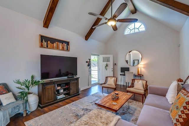 living room featuring beamed ceiling, dark hardwood / wood-style floors, and high vaulted ceiling