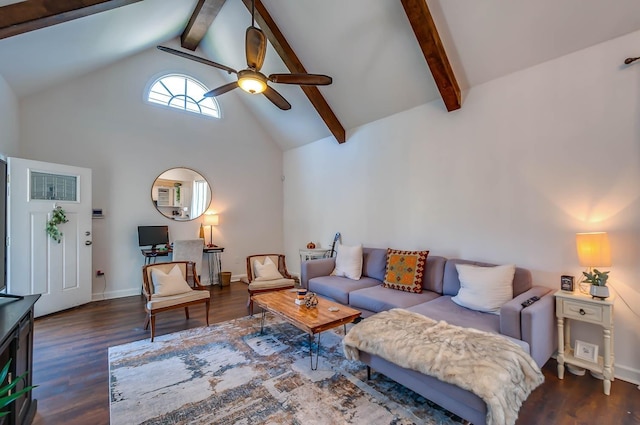 living room featuring ceiling fan, dark hardwood / wood-style floors, beam ceiling, and high vaulted ceiling