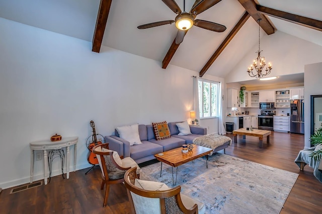 living room with beamed ceiling, dark wood-type flooring, and ceiling fan with notable chandelier