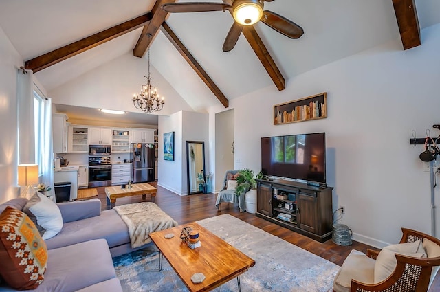 living room featuring beam ceiling, high vaulted ceiling, dark wood-type flooring, and ceiling fan with notable chandelier