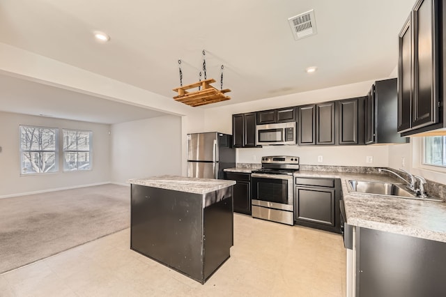 kitchen with appliances with stainless steel finishes, a kitchen island, a healthy amount of sunlight, and sink