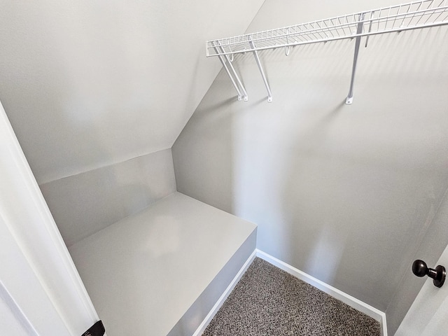 spacious closet featuring carpet flooring and vaulted ceiling