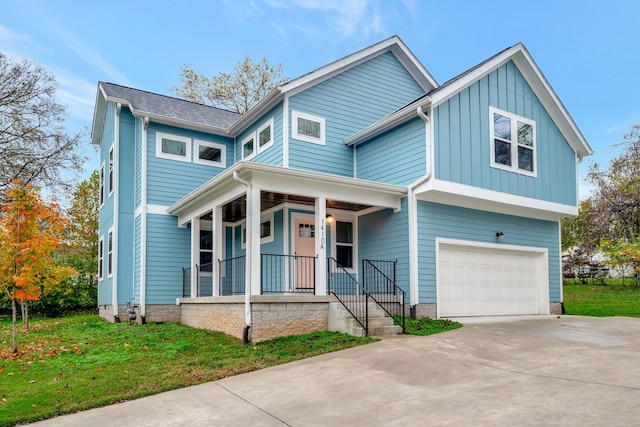 view of front facade featuring concrete driveway, an attached garage, covered porch, a front lawn, and board and batten siding