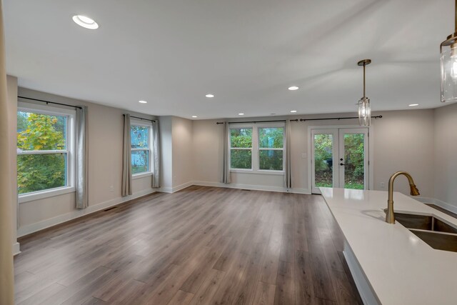 unfurnished living room with baseboards, wood finished floors, french doors, a sink, and recessed lighting