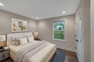 bedroom with dark wood-style floors, recessed lighting, and baseboards