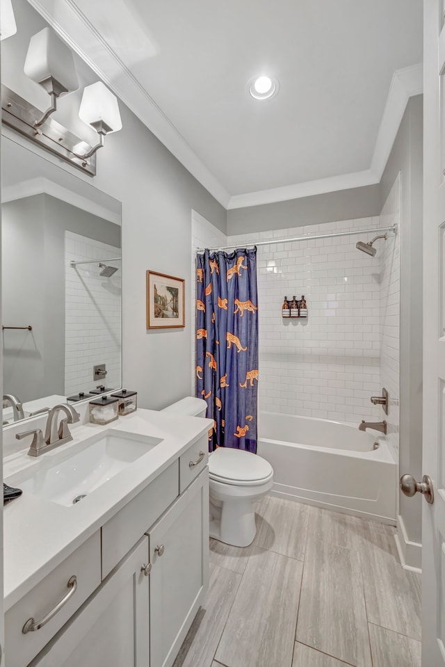 full bathroom with shower / bathtub combination with curtain, crown molding, vanity, and toilet