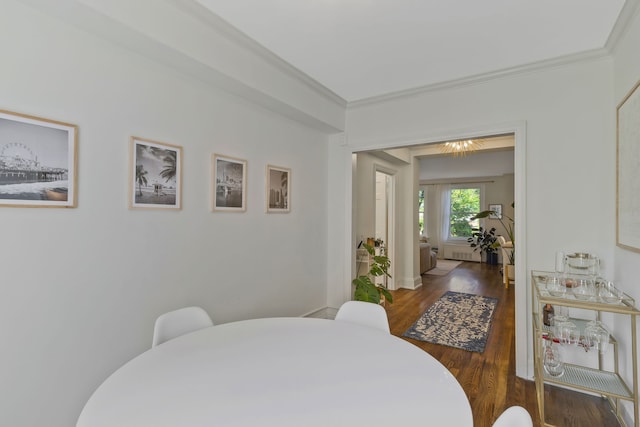 dining room featuring crown molding and dark wood-type flooring