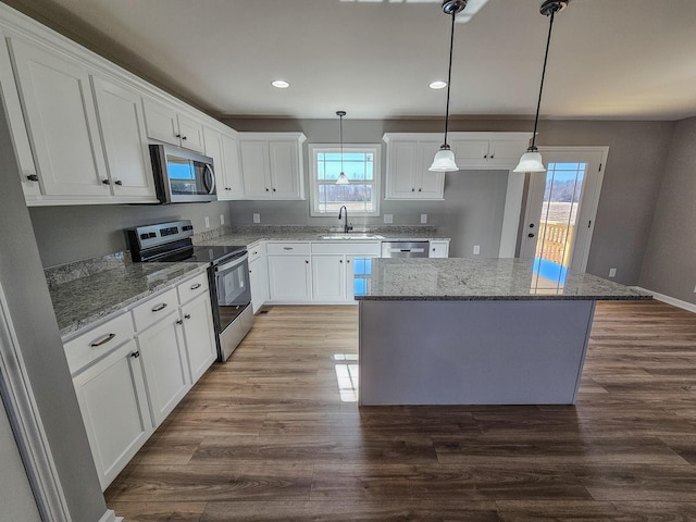 kitchen with white cabinetry, wood-type flooring, stainless steel appliances, and a kitchen island