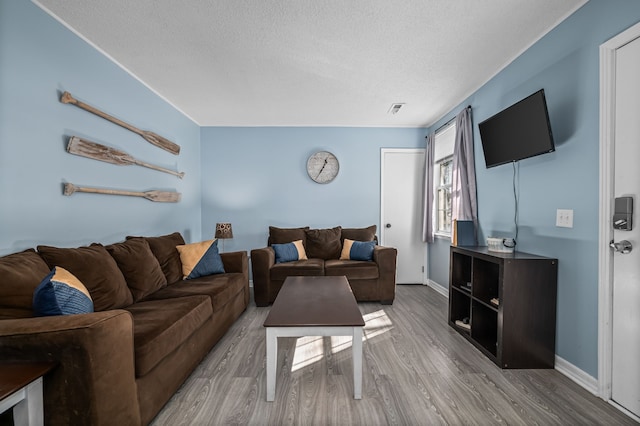 living room featuring wood-type flooring and a textured ceiling