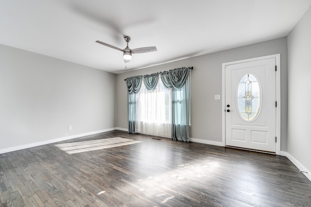 entrance foyer featuring ceiling fan, plenty of natural light, and dark hardwood / wood-style floors