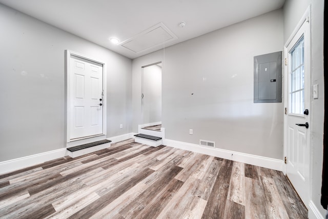 foyer featuring electric panel and wood-type flooring