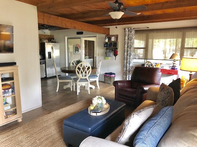 living room featuring beam ceiling, wood ceiling, and dark hardwood / wood-style floors