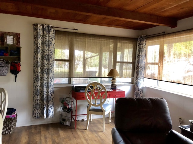 sunroom / solarium featuring beamed ceiling and wood ceiling