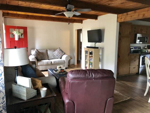 living room with beam ceiling, ceiling fan, dark hardwood / wood-style flooring, and wooden ceiling