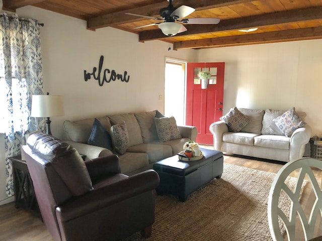 living room featuring beamed ceiling, hardwood / wood-style flooring, ceiling fan, and wooden ceiling