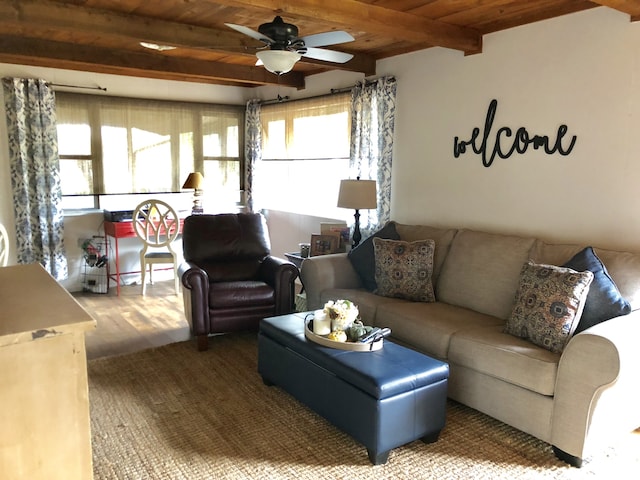 living room featuring ceiling fan, beamed ceiling, wood ceiling, and hardwood / wood-style flooring