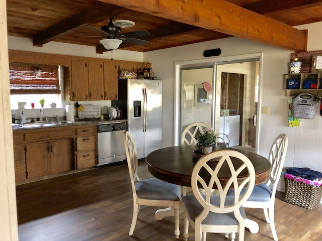 kitchen with ceiling fan, sink, dark wood-type flooring, wooden ceiling, and appliances with stainless steel finishes