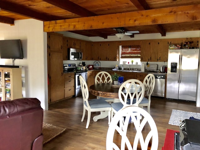 dining space with ceiling fan, dark hardwood / wood-style flooring, beamed ceiling, and sink