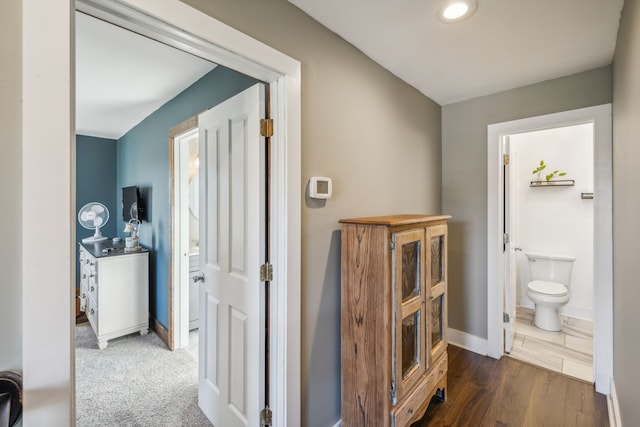 bathroom with hardwood / wood-style flooring and toilet