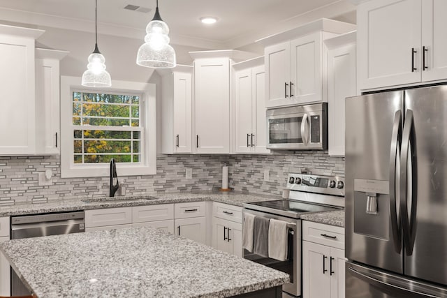 kitchen featuring tasteful backsplash, sink, white cabinets, and stainless steel appliances