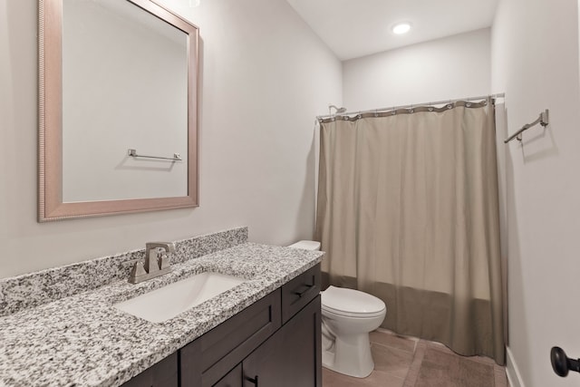 full bathroom with tile patterned floors, vanity, toilet, and shower / bathtub combination with curtain