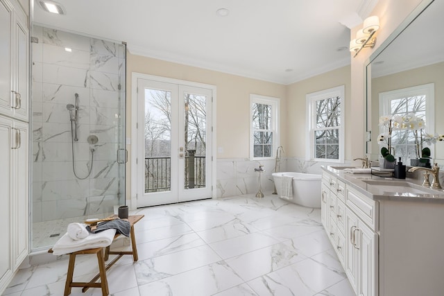 bathroom with plus walk in shower, a wealth of natural light, crown molding, and tile walls