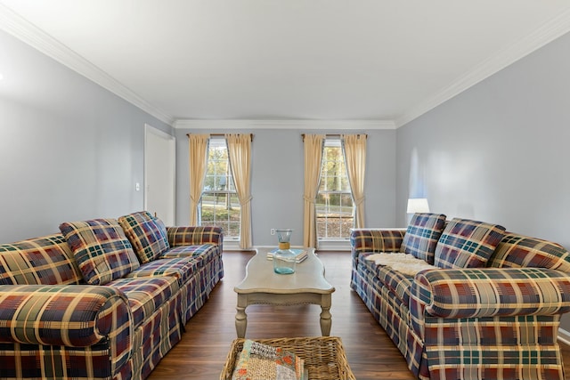 living room with dark hardwood / wood-style floors and ornamental molding