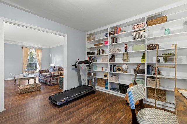 workout room featuring dark hardwood / wood-style floors and ornamental molding