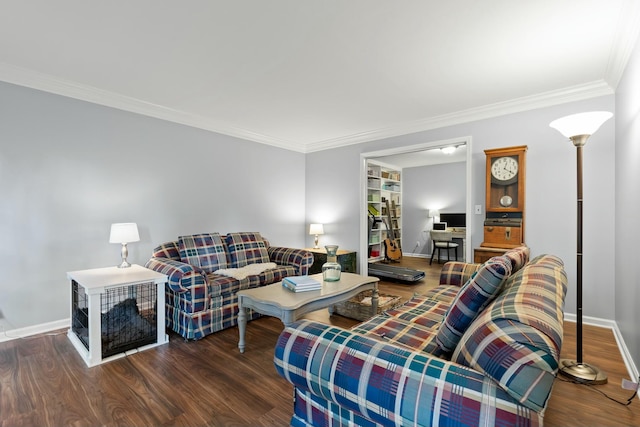 living room featuring crown molding and dark hardwood / wood-style floors