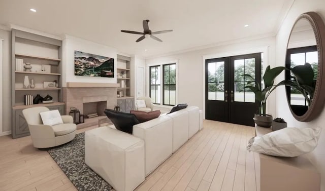 living room with french doors, light hardwood / wood-style flooring, ceiling fan, and ornamental molding