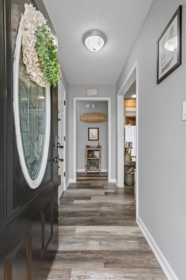 foyer entrance featuring a textured ceiling and dark hardwood / wood-style floors