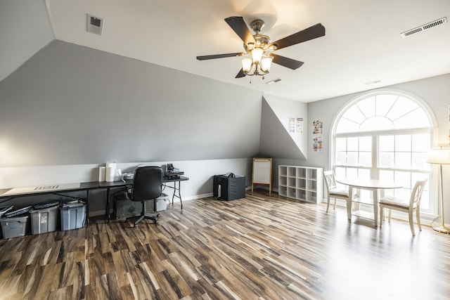 office with hardwood / wood-style floors, vaulted ceiling, and ceiling fan