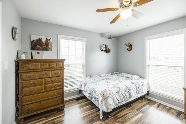 bedroom featuring ceiling fan, dark wood-type flooring, and multiple windows