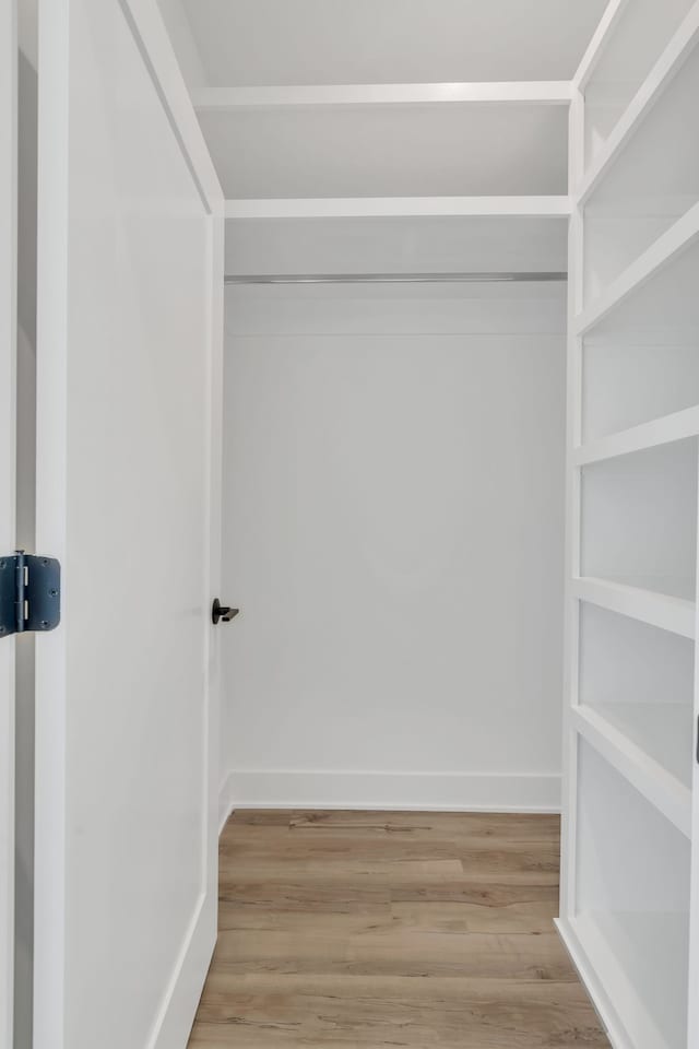 walk in closet with light hardwood / wood-style floors