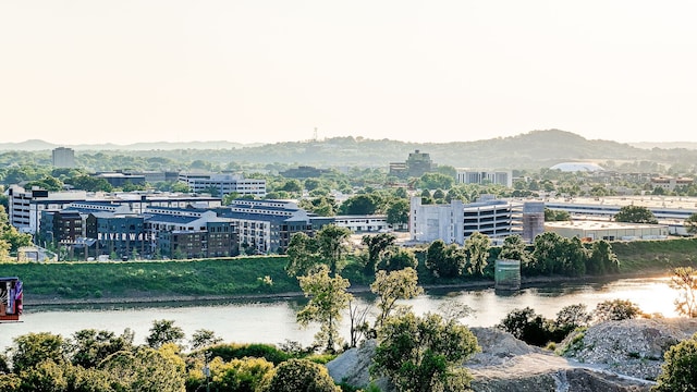 aerial view with a water and mountain view