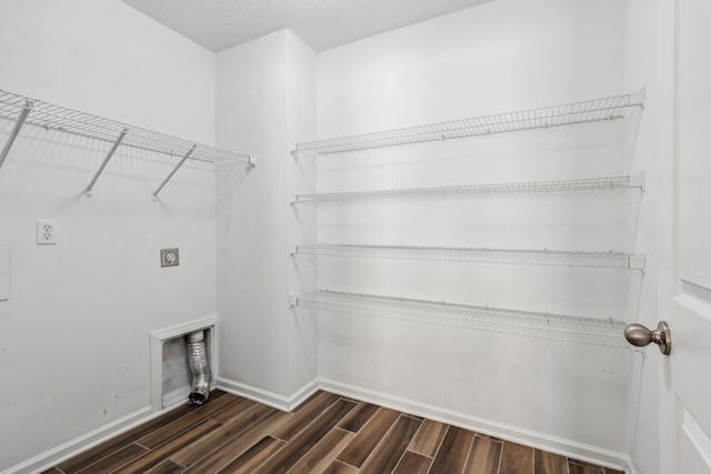 laundry area featuring hookup for an electric dryer and dark wood-type flooring