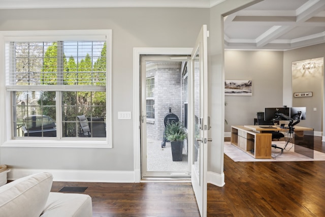 foyer with beam ceiling, crown molding, wood-type flooring, and coffered ceiling