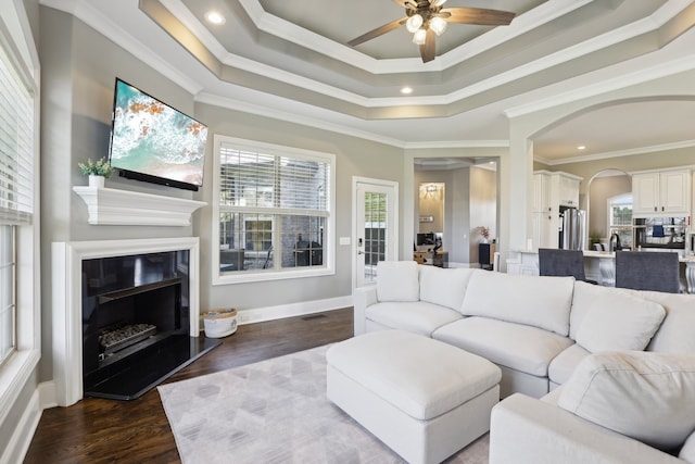 living room with a raised ceiling, crown molding, ceiling fan, and dark wood-type flooring