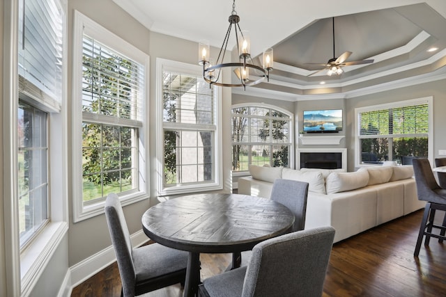 interior space featuring a raised ceiling, plenty of natural light, and ceiling fan with notable chandelier