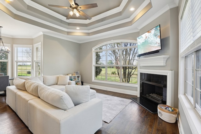 living room featuring a tray ceiling, crown molding, dark hardwood / wood-style flooring, and ceiling fan with notable chandelier