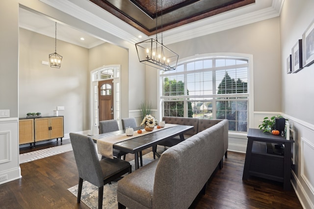 dining space with ornamental molding, dark wood-type flooring, and a tray ceiling