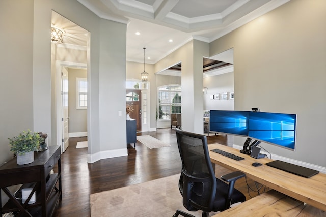 office area featuring coffered ceiling, dark hardwood / wood-style floors, crown molding, and a chandelier