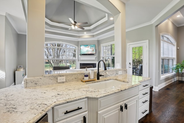 kitchen featuring light stone countertops, sink, dark hardwood / wood-style floors, crown molding, and white cabinets